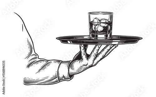 Waiter Serving Drink on Tray Vector Engraving Illustration