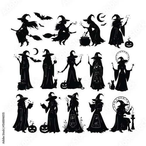 Halloween Witches and Sorceresses Vector Silhouettes