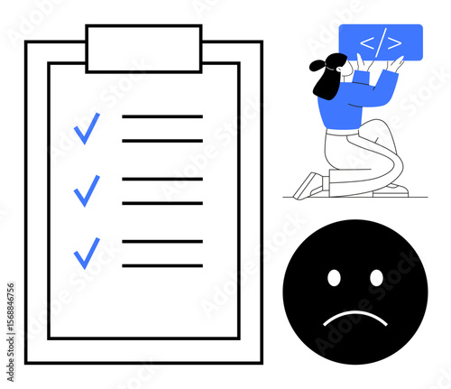 Task list with checkmarks, developer debugging code, and sad face icon highlighting workflow challenges. Ideal for productivity, teamwork, coding, projects, workflow analysis, problem-solving simple