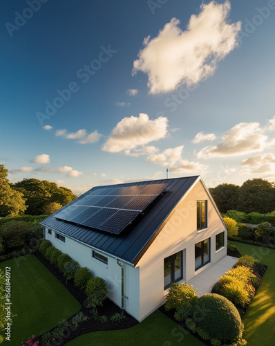 Modern Eco-Friendly House with Solar Panels on Roof in Lush Garden
