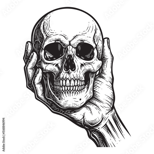 Hand Holding Human Skull Vector Engraving Illustration