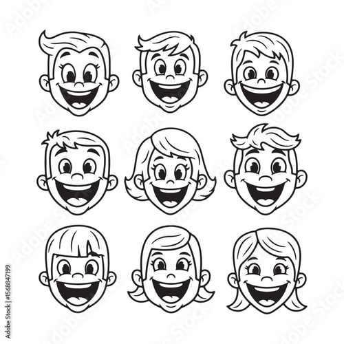 Nine Black and White Cartoon Children's Faces Smiling Joyfully