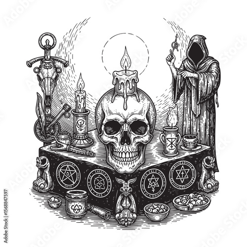 Mystical Occult Altar Scene Vector Engraving Illustration


