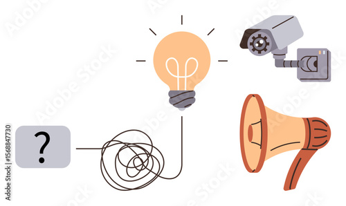 Question mark linked to tangled line leading to a light bulb, surveillance camera, and megaphone. Ideal for innovation, communication, problem-solving, ideas, technology, creativity decision-making
