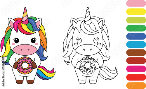 Vector coloring page with Baby Unicorn Pony hug donut illustration