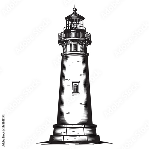Tall Lighthouse Tower Vector Engraving Illustration


