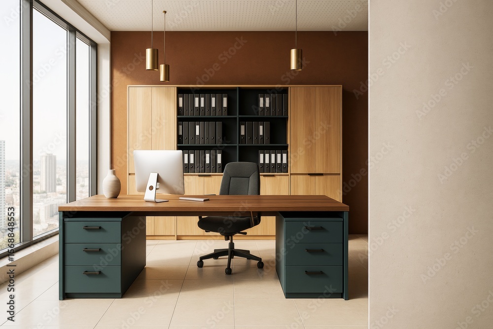 Fototapeta premium Modern executive office interior with wooden furniture, filing shelves, and city view window in minimalist style on a sunny day background.