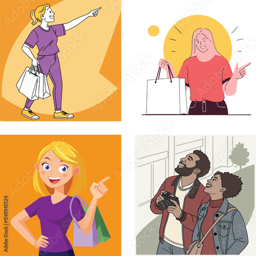 Diverse people enjoying activities like shopping and sightseeing with cameras