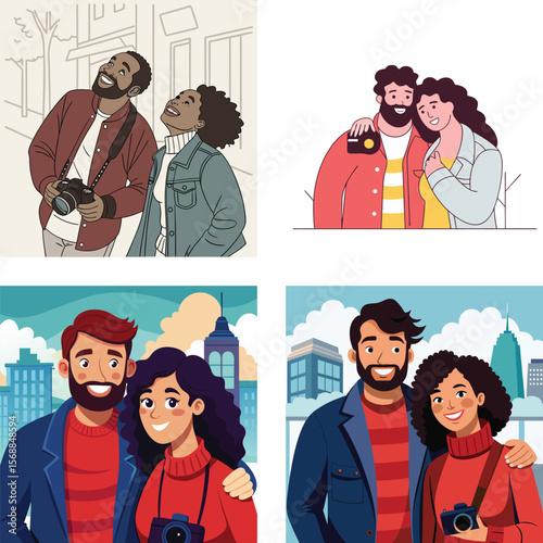 Happy diverse couples enjoying city sightseeing and taking photos together