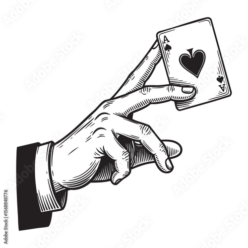 Hand Holding Ace of Spades Playing Card Vector Engraving Illustration