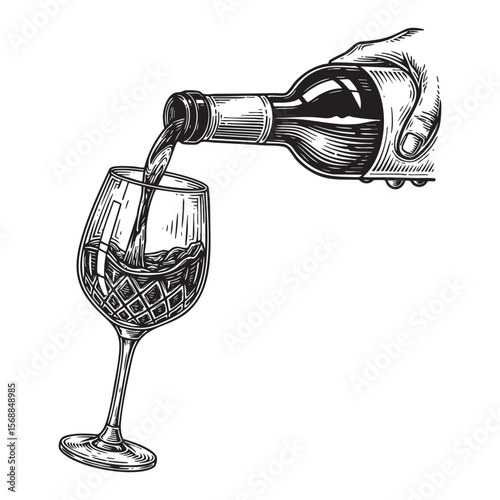 Hand Pouring Red Wine into Glass Vector Engraving Illustration