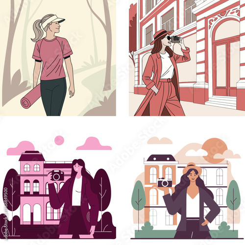Diverse women enjoying outdoor activities and urban exploration with cameras