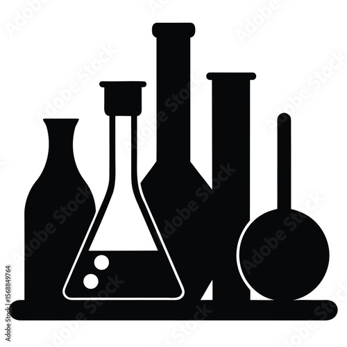 Full Black Silhouette of Laboratory Glassware Erlenmeyer Flasks, Beakers, and Test Tubes