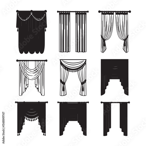 Nine Black and White Illustrations of Various Curtain Styles Including Swag Drapes Valances and Straight Panels