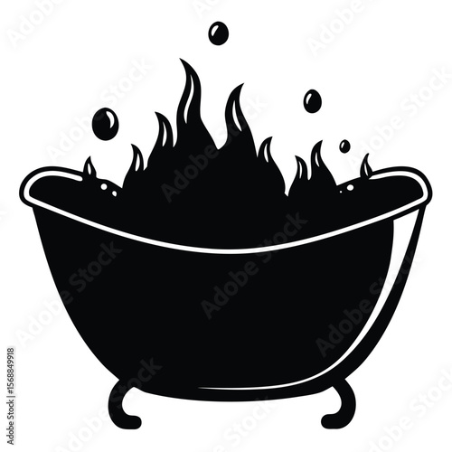 Fiery Bath Silhouette A Black and White Illustration of a Burning Tub