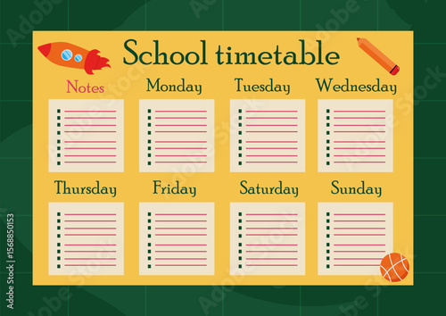 Weekly planner, a template for the resumption of school with a rocket, a ball, and a pencil. A design element for children. Vector illustration in a flat style.
