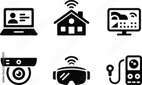Smart Technology and Devices Icons Set – Vector Smart Home, VR, Webcam, Laptop, Weather, and Media Player Silhouettes.
