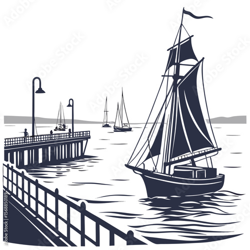 Vintage Rowboat and Tree Silhouette Vector Illustration

