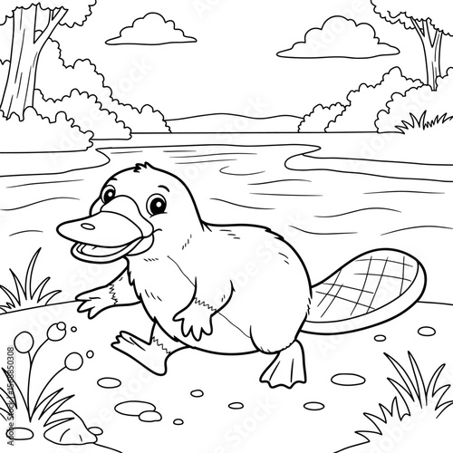 A cartoon platypus with a duck-like bill, webbed feet, and a beaver tail stands near a riverbank with trees, bushes, and clouds, drawn in black-and-white line art.