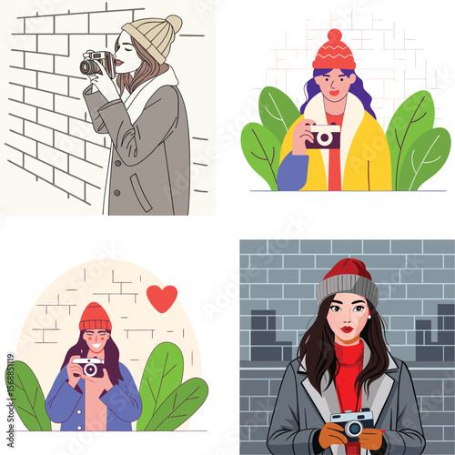Stylish women with cameras capturing moments against brick backgrounds
