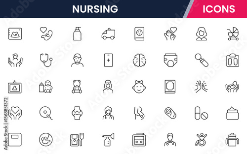Vector illustration web line icon collection for nursing home care, elderly, medical, and support symbols in a compassionate, modern style.