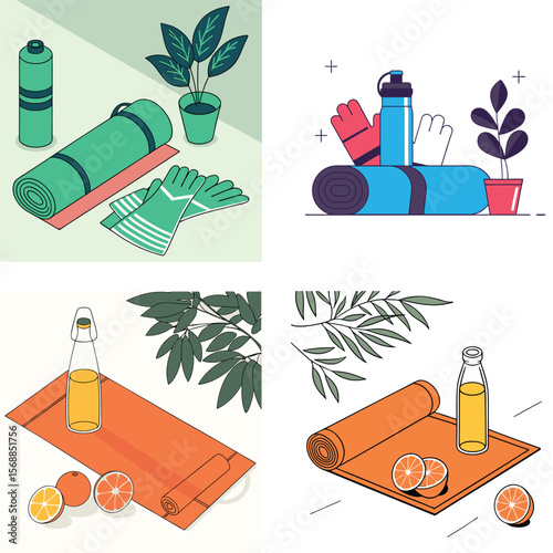 Healthy lifestyle flat design elements for fitness and refreshment