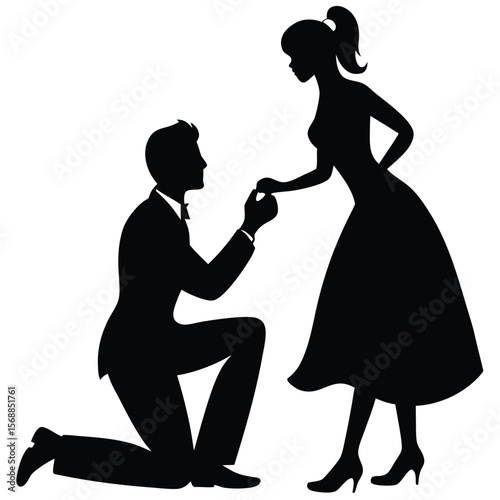 Suited man kneels proposing, holding ring for woman in dress silhouette against transparency