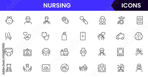 Vector illustration web line icon collection for nursing home care, elderly, medical, and support symbols in a compassionate, modern style.