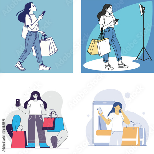 Young woman with shopping bags and smartphone engaging in online shopping and content creation