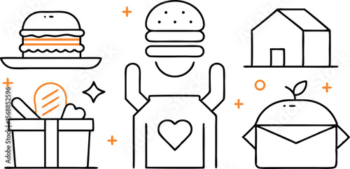 Collection of simple line art icons featuring burgers a gift box a house an envelope with a sprout and decorative plus signs and circles isolated on transparent background