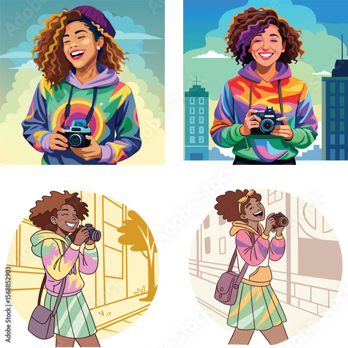 Joyful young women capturing moments with vintage cameras in urban settings