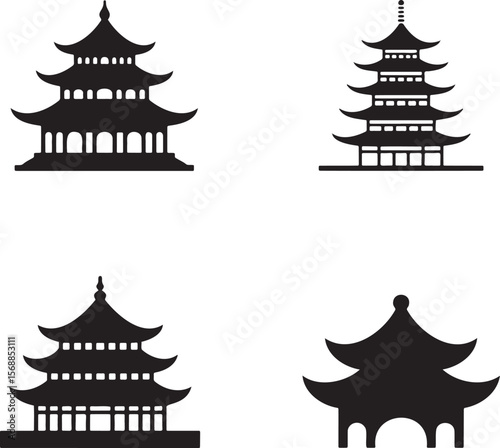 Set of Chinese pagodas silhouette vector illustration isolated On Transparent Background