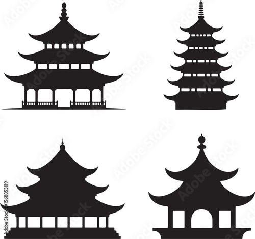 Set of Chinese pagodas silhouette vector illustration isolated On Transparent Background