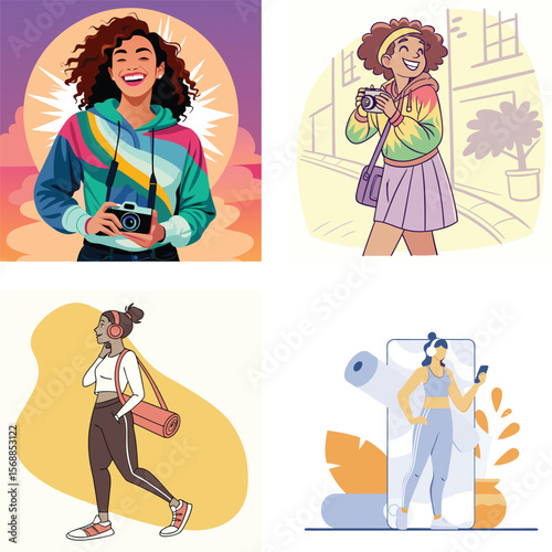 Diverse young women enjoying photography fitness and music in vibrant illustrations