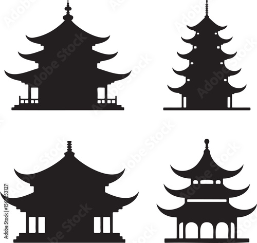 Set of Chinese pagodas silhouette vector illustration isolated On Transparent Background