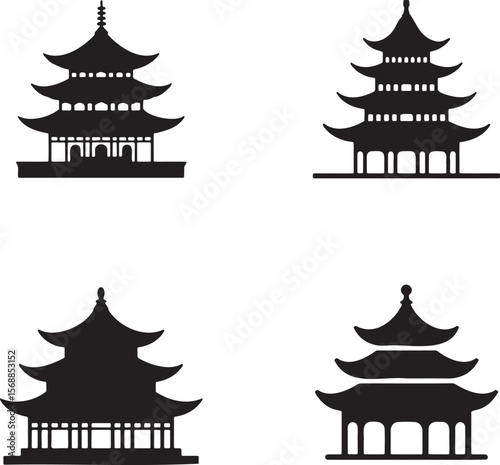 Set of Chinese pagodas silhouette vector illustration isolated On Transparent Background