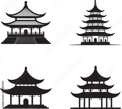 Set of Chinese pagodas silhouette vector illustration isolated On Transparent Background
