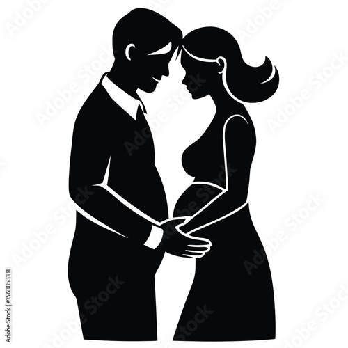 Silhouette shows loving couple embracing, with pregnant woman lovingly holding her stomach together in monochrome