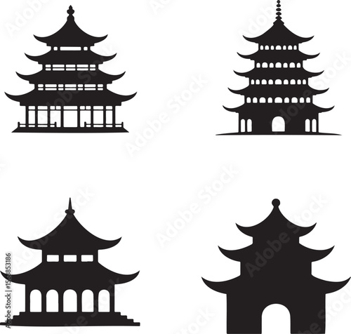 Set of Chinese pagodas silhouette vector illustration isolated On Transparent Background