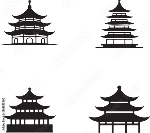 Set of Chinese pagodas silhouette vector illustration isolated On Transparent Background