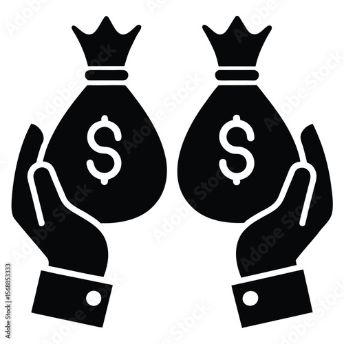 Symmetrical black hands present two money bags adorned with dollar signs on transparent backdrop