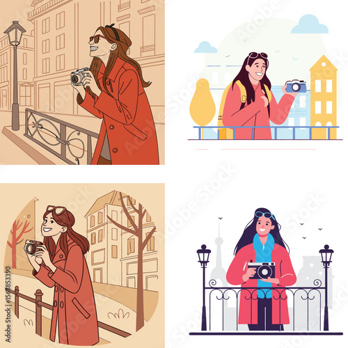 Happy tourists capturing city sights with vintage cameras in various locations