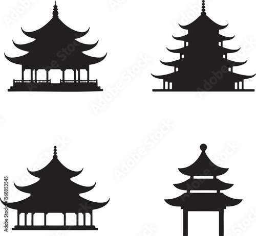 Set of Chinese pagodas silhouette vector illustration isolated On Transparent Background