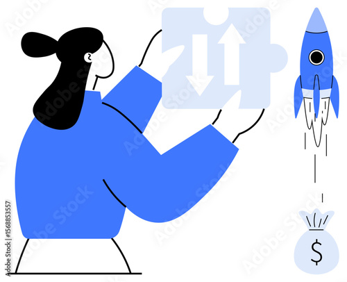 Woman holding puzzle piece with arrows pointing upward, symbolizing problem-solving and growth, while rocket launches next to money bag. Ideal for business, success, entrepreneurship, innovation