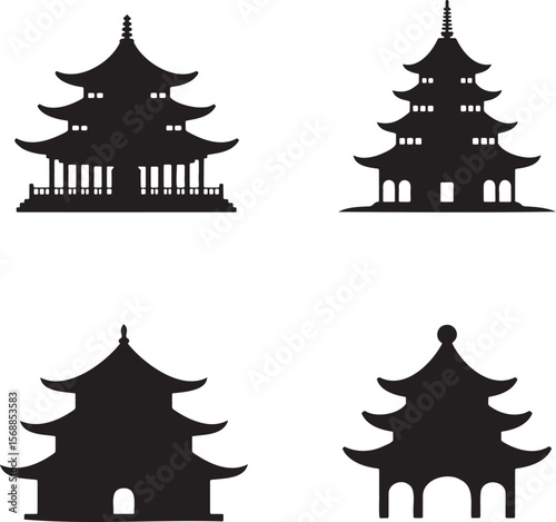 Set of Chinese pagodas silhouette vector illustration isolated On Transparent Background