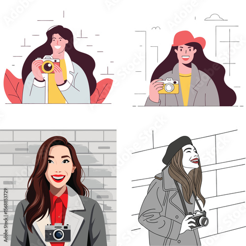 Diverse women with cameras capturing moments in stylish outfits