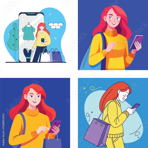 Woman shops online using her smartphone and carries shopping bags
