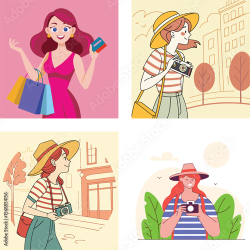 Stylish women enjoying shopping and photography in urban settings