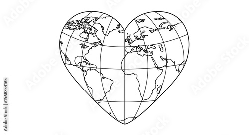 Heart shaped world map outline with continents and latitude longitude lines isolated on transparent background