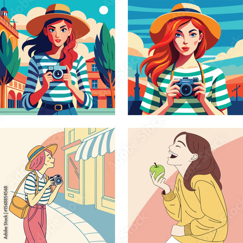 Stylish women enjoying photography and a healthy snack in vibrant settings